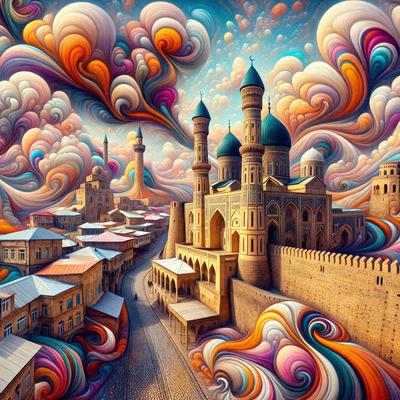 The primary subject of the image is a large, colorful painting of a city with a castle and a mosque. The setting is a painting of a city street with a castle and a mosque in the background. The visual style is a vibrant, artistic painting that captures the essence of the city. The colors and mood are lively and energetic, with a mix of warm and cool tones that create a dynamic and engaging atmosphere.